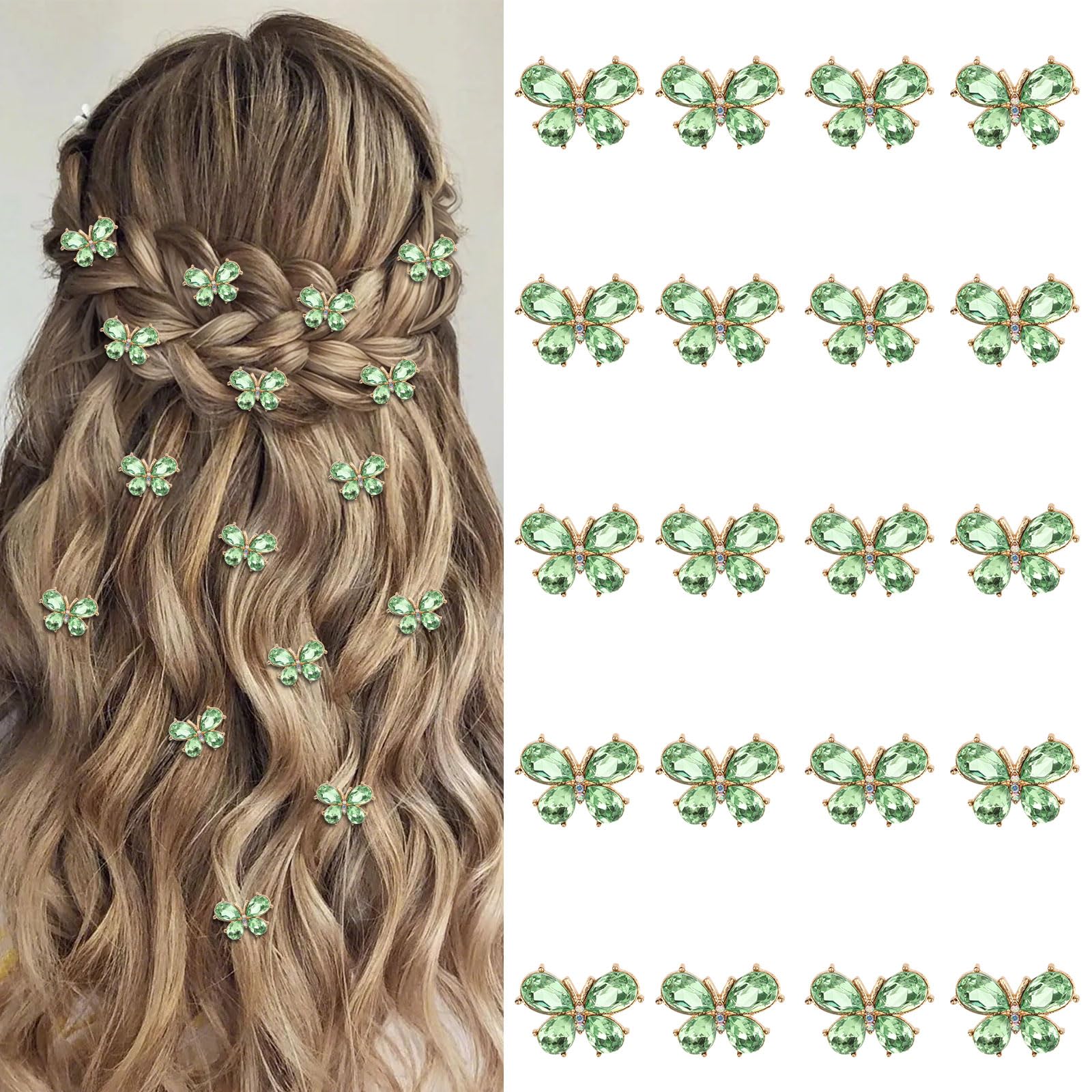 Photo 1 of YISSION 20 Pcs Small Rhinestone Butterfly Hair Clips Mini Green Butterfly Clips Decorative Hair pins Wedding Bridal Hair Accessories for Girls Women