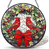 Pinkunn 7.9" Cardinal Stained Glass Window Hanging, Red Bird Sun Catcher Stained Glass Panel with Chain and Hook Cardinal Gifts for Women Christmas Winter Window Decoratios Mother's Day