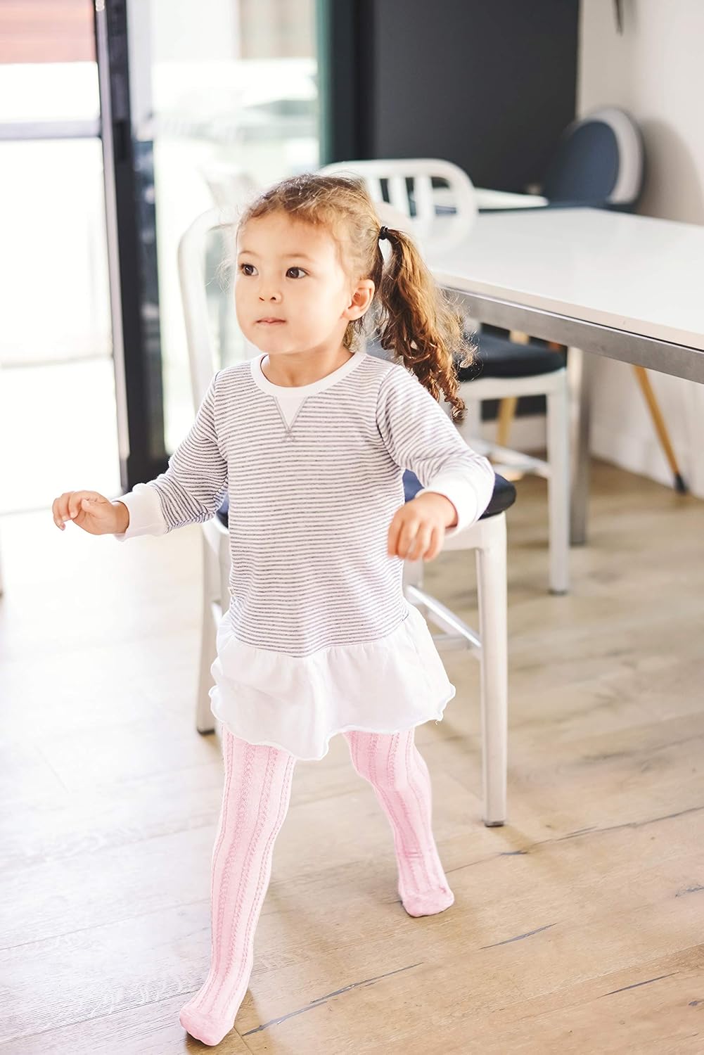 LA Active Baby Tights - 2 Pairs - Non Skid/Slip Cable Knit (White & Pink, 0-3 Months): Baby