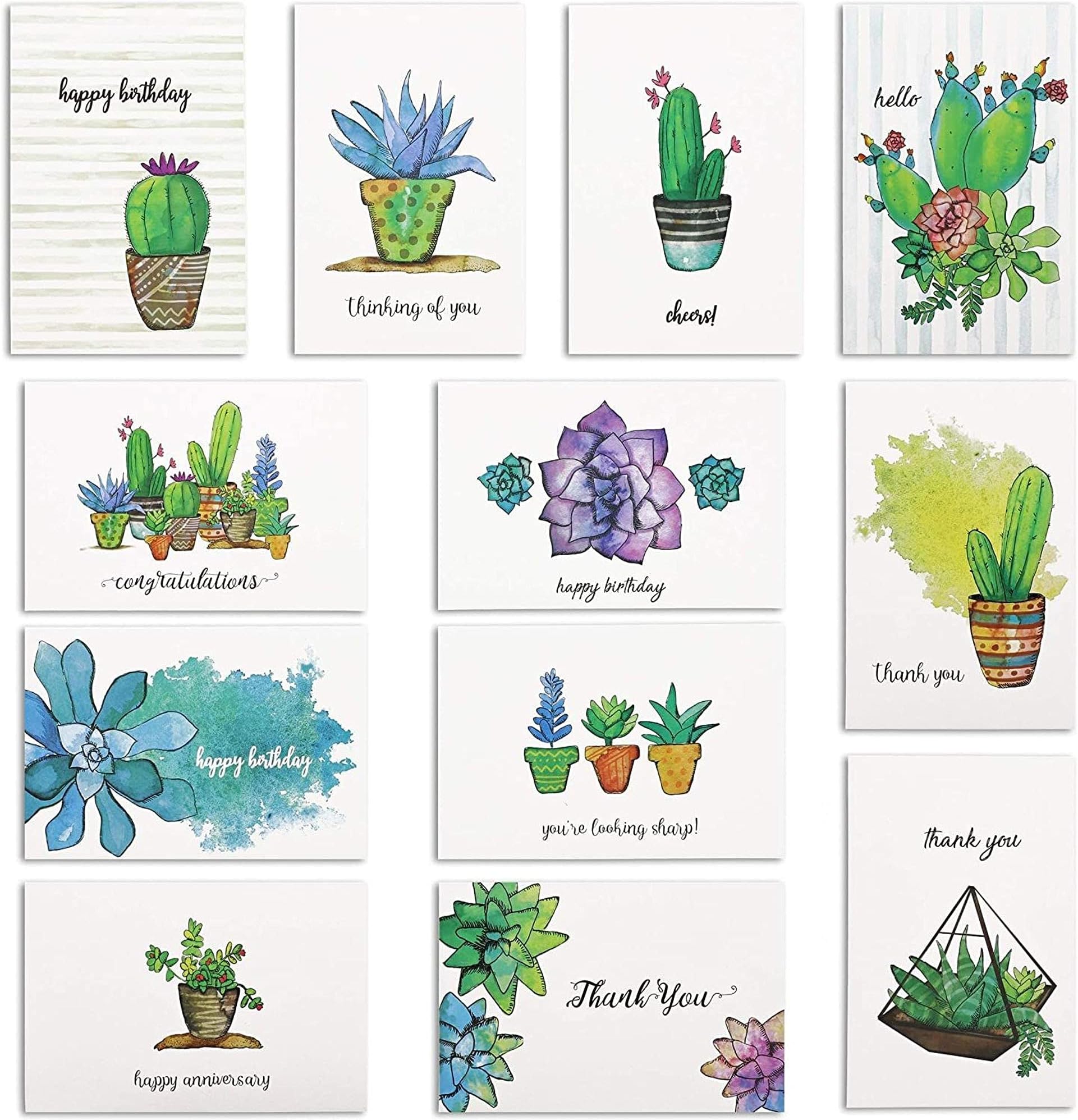 Succulent Greeting Cards and Envelopes, 12 All Occasion Designs (4x6 In, 96 Pack)