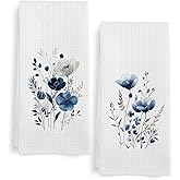 GWFSJYU Blue Floral Kitchen Towels Set of 2, Blue Flower Dish Tea Towels for Kitchen, Botanical Wildflower Decorative Hand Towel for Bathroom, 16x24 Inch
