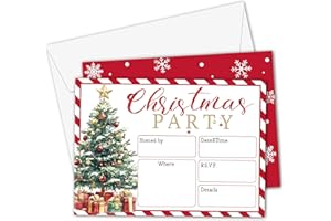 HandEasy 25 Pack Christmas Tree Party Invitations with Envelopes - 5"x 7" Red Stripe Xmas Winter Holiday Party invitation cards -SD05