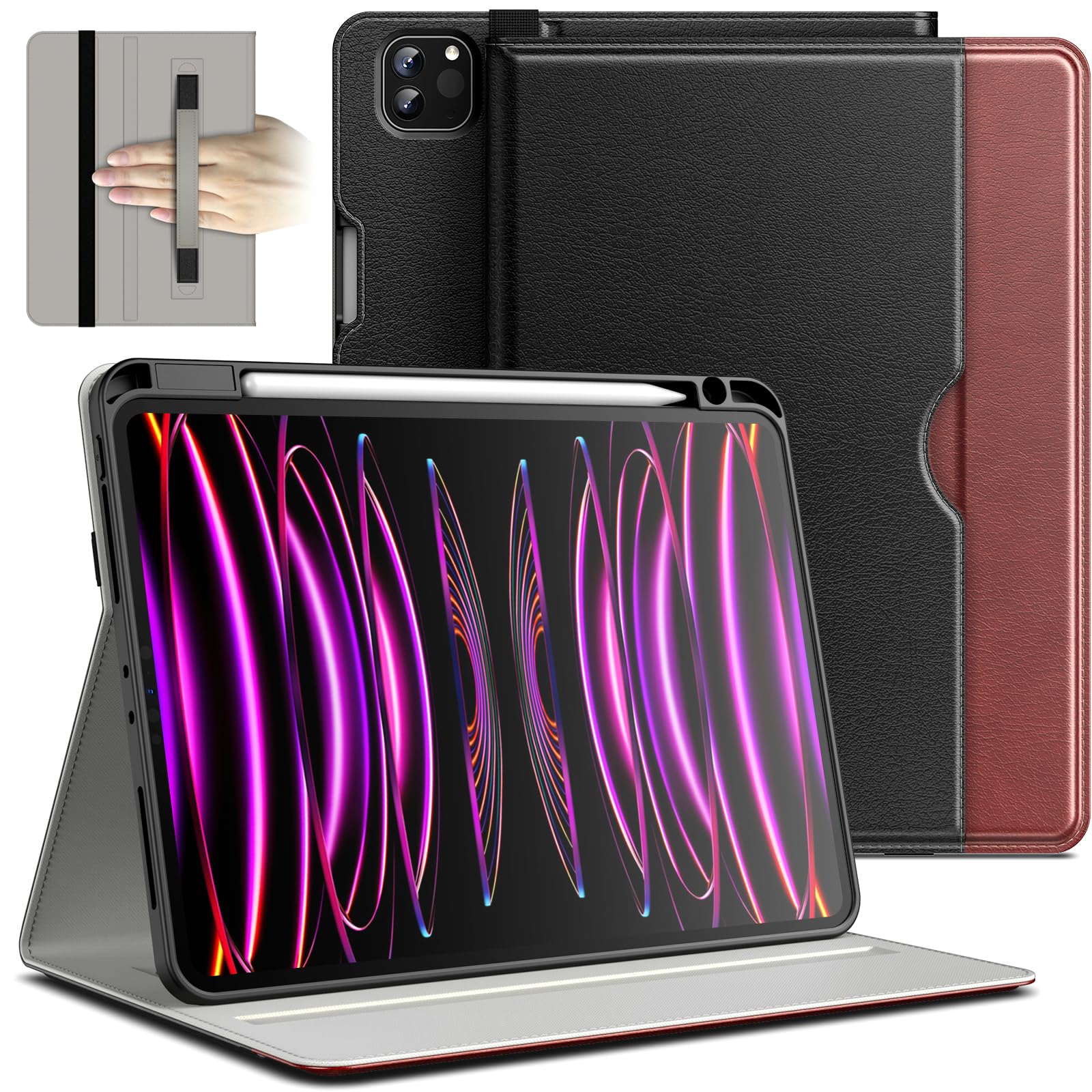 JETech Case for iPad Pro 11 4/3/2 (11-Inch, 2022/2021/2020 Model, 4th/3rd/2nd Gen), PU Leather Business Folio Protective Tablet Cover with Pencil Holder & Pocket Multi-Angle Viewing (Black+Brown)