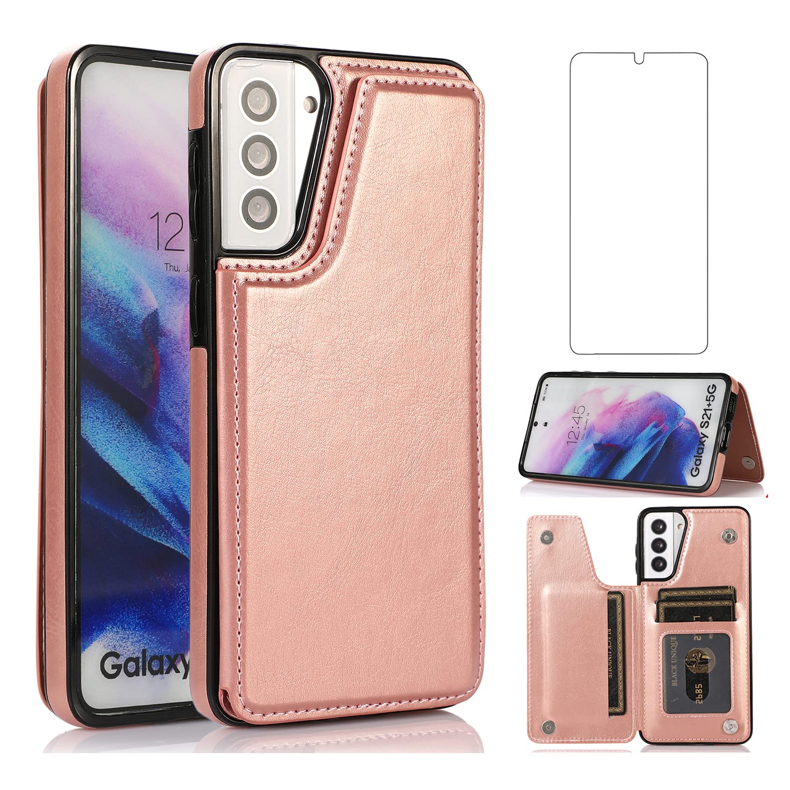 Asuwish Compatible with Samsung Galaxy S21 Glaxay S 21 5G 6.2 inch Wallet Case Tempered Glass Screen Protector Card Holder Cover Stand Phone Cases for Samsung Galaxy S21 Glaxay S 21 5G 6.2 inch Pink