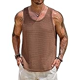 VOGSTART Mens Hollow Out Tank Top Vacation Summer See Through Crochet Sleeveless Shirt Beach Muscle Knit Vest (S-XXL)