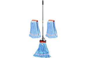 Nine Forty Industrial and Commercial-Grade Looped End Wet Mop w/ 2 Replacement Heads - Blue String Mop with 42”-72” Adjustable Aluminum Handle Length - Clamp - for Optimal Absorption and Durability