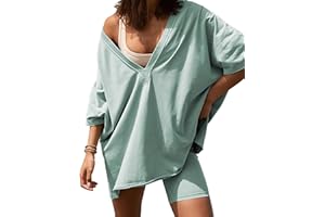 TAQCUX 2 Two Piece Outfits for Women Summer Oversized Workout V Neck T Shirts Biker Shorts Matching Sets