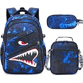 FIXITOK Shark Backpack for Boys 3PCS with Lunch Bag &amp; Pencil Case | Cool Luminous Boys Backpack, Waterproof Glow Bookbag for Kids Teens Kindergarten Elementary Middle High School, Black &amp; Blue