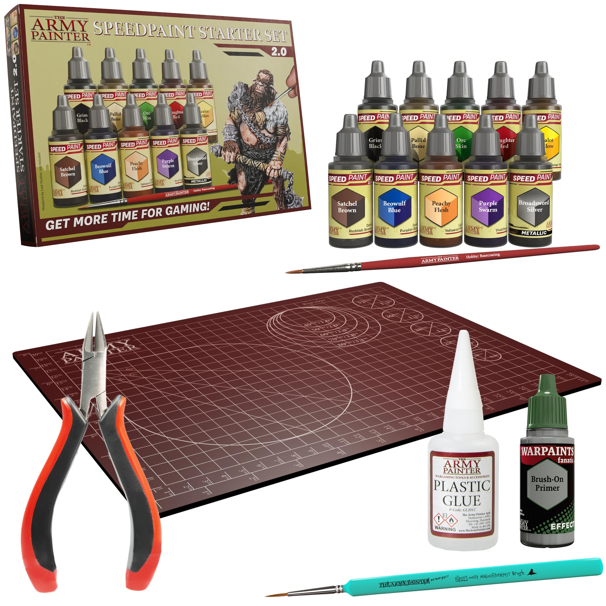 The Army Painter, Hobby Starter Bundle, Speedpaint starter set, Warpaint Fanatic Brush on primer, Cutting Mat, Precision Side Cutter, Plastic Glue & 1 Brush