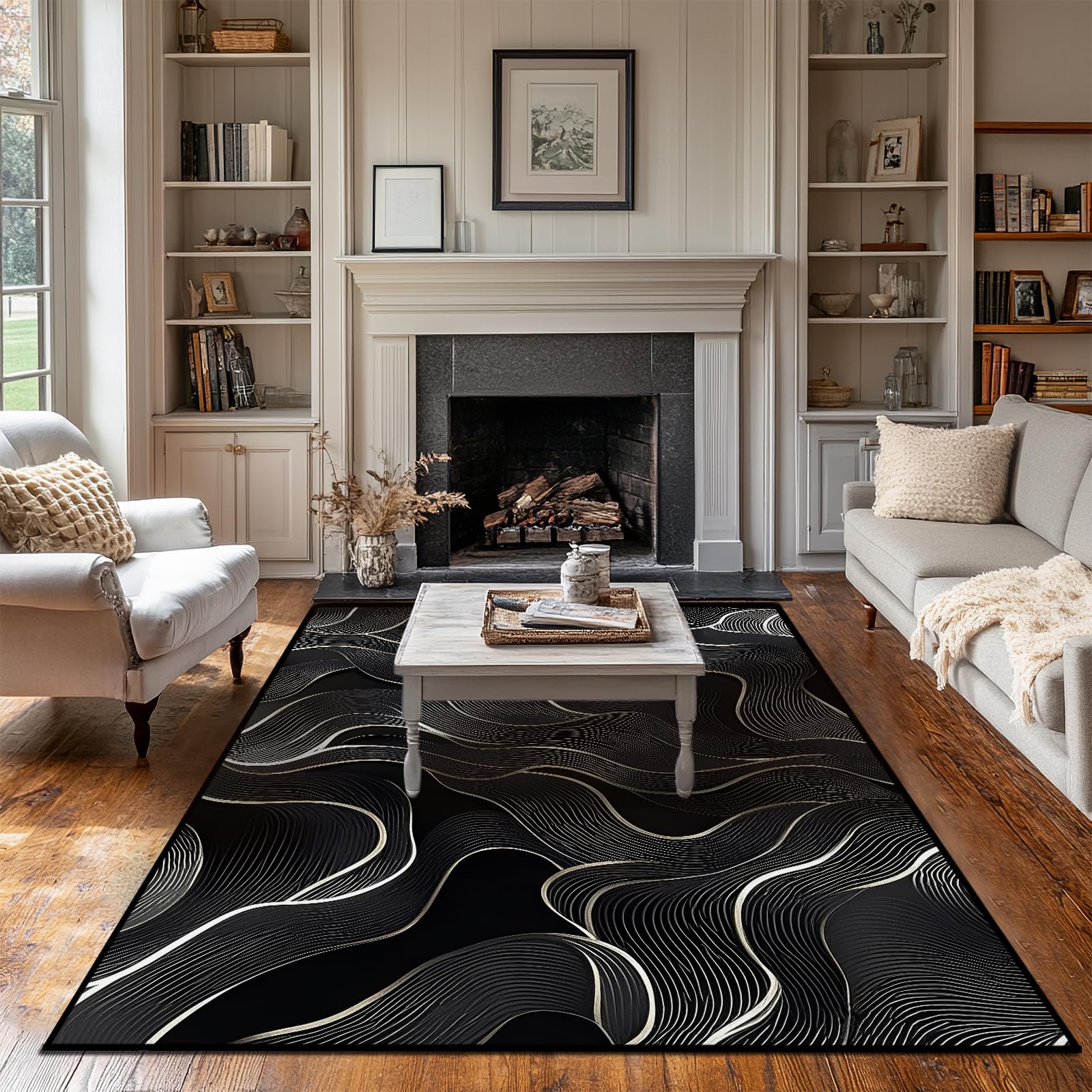 Photo 1 of 5x7 Area Rug Black White Modern Rug for Living Room Indoor Machine Washable Abstract Rugs for Bedroom Ultra Soft Dining Room Large Carpet Non-Slip Non-Shedding Throw Rug for Home Office Kids Playroom