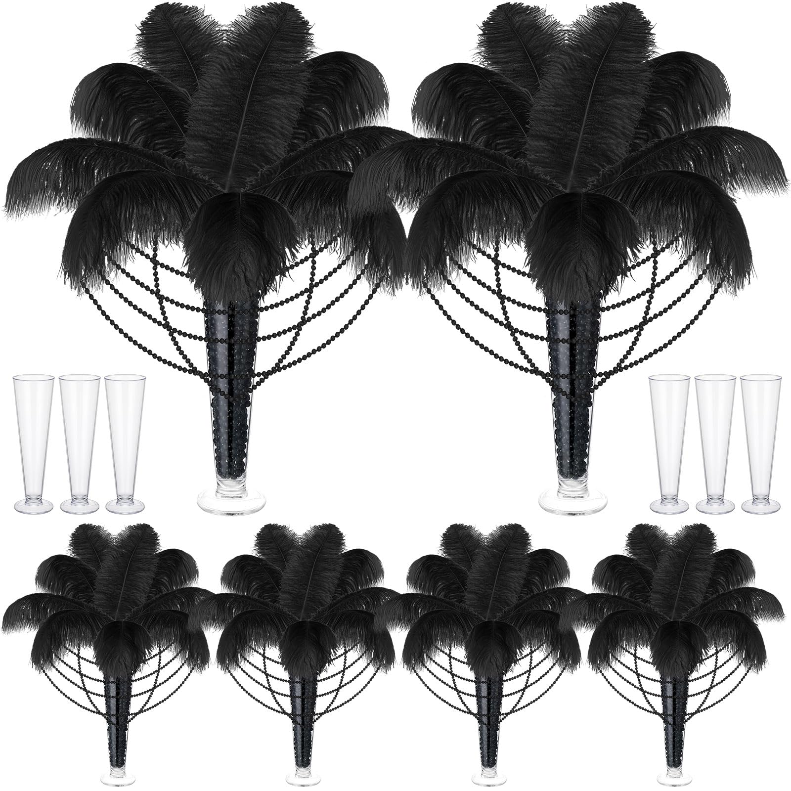 Photo 1 of Yuxung 6 Sets Wedding Table Centerpiece Accessories Including 159 Pieces Natural Ostrich Feather Bulk Plastic Vases and Beads Necklaces for Wedding Home Party Centerpiece Supplies(Black)