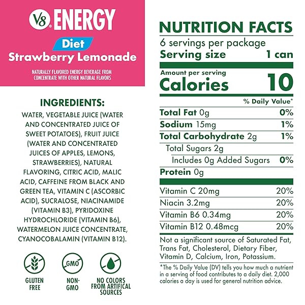 V8 ENERGY DIET STRAWBERRY LEMONADE JUICE ENERGY DRINK, 8 FL OZ CAN (6 PACK)