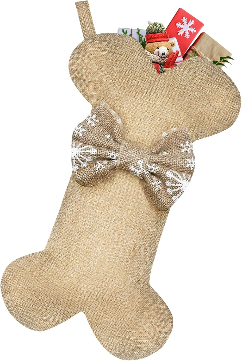Stockings & Holders - Malier New Linen Large Christmas Stocking for Dogs Cats Pets Jute Natural Burlap Dog Bone Shape Hanging Dog Christmas Stocking
