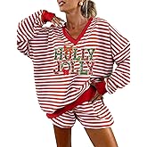 LUKYCILD Women Striped Christmas Sets V Neck Lounge Short Set Matching Sweatsuit with Pockets Casual Xmas Pjs 2 Piece Outfits