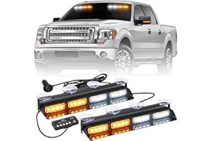 AINBIN 2 in 1 14 inch Dash Strobe Lights 32 LED Amber White Interior Front/Rear Emergency Windshield Lights Flashing Warning Hazard Safety Lights w/Suction Cups for Plow Trucks Construction Vehicles
