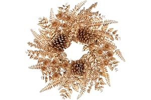 VILLA COMO 16 Inch Christmas Wreaths for Front Door Winter Gold Wreath, Plain Christmas Door Wreath for Window Mental, Metallic Pinecone Fern Berry Outdoor Indoor Christmas Advent Wreath Holiday Decorations
