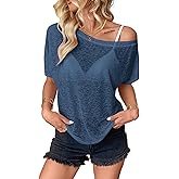 Hilinker Women's Sheer Off The Shoulder Tops See Through Sexy Short Sleeve Mesh Shirt Summer