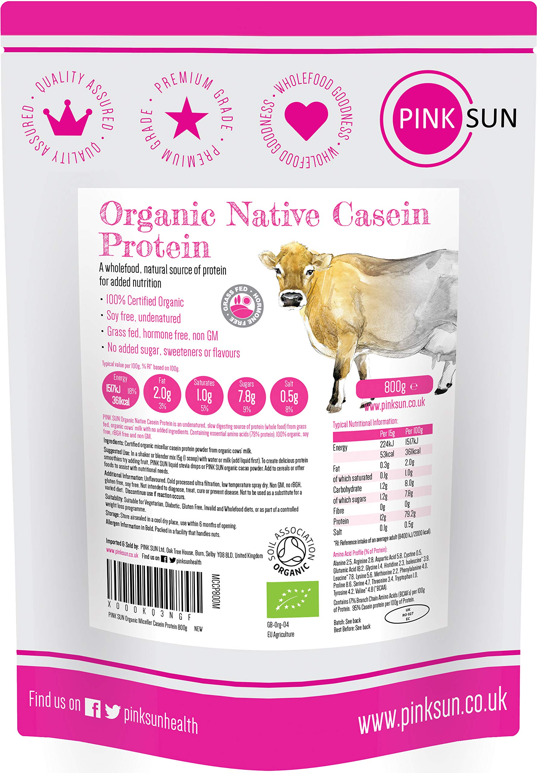 PINK SUN Organic Casein Protein Powder 800g Pure Native Micellar Grass Fed Soy Free Gluten Free Unflavoured Vegetarian No Added Sugar Unsweetened Undenatured