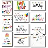 100 Happy Birthday Cards Bulk, Large 5x7 Inch Assorted, with Envelopes,Stickers and Simple Greetings Inside for Office, Business and Personal Use, 10 Designs, Thick Cardstock