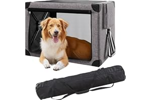 Cozzze Travel Dog Crate - 37 Inch Collapsible Portable Foldable Crates for Large Dogs with Detachable Storage Bag, Removable Pad, and Mesh Windows for Outdoor & Indoor (Grey)