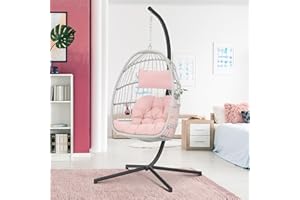 XIAO WEI Hanging Egg Chair with Stand - Pink Swing Egg Chairs Wicker Rattan Hammock Chairs for Indoor Outdoor Bedroom Garden - Aluminum Steel Frame and UV Resistant Cushion 350LBS Capacity for Kids Adults