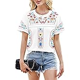 Embroidered Mexican Peasant Blouse Women Summer Boho Shirt Mexico Fiesta Short Sleeve Tops