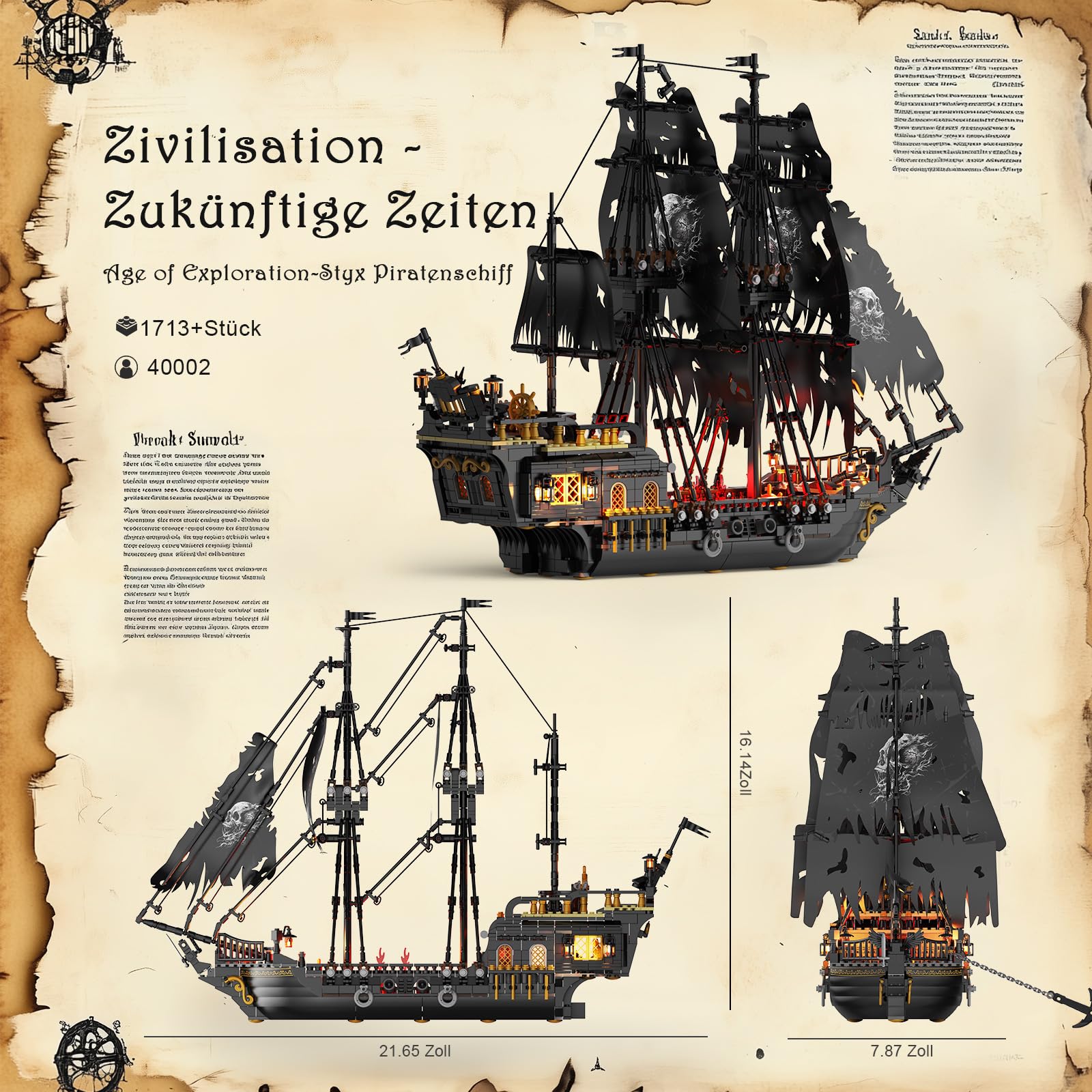 JMBricklayer Piratenschiff Bauspielzeug mit Lichtern, Großes Pearl Piratenschiff Modellboot Klemmbausteine 40002, Aufregende Seeschlachten und Fluch des Untodes, Erwachsene Jungen Mädchen(1713 PCS) 5