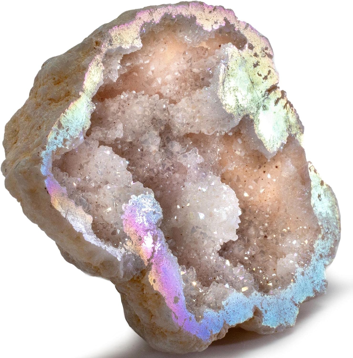 Indoor Fountains & Accessories - KALIFANO Angel Aura Quartz Geode - Titanium Bonded High Energy Crystal Cuarzo Cluster/Druzy with Information Card - Natural Reiki Rock Used for Clarity and Purpose (Family Owned and Operated)