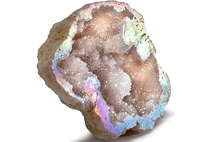 KALIFANO Angel Aura Quartz Geode - Titanium Bonded High Energy Crystal Cuarzo Cluster/Druzy with Information Card - Natural Reiki Rock Used for Clarity and Purpose (Family Owned and Operated)