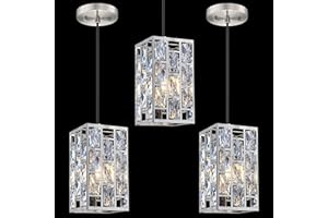 DORAIMI LIGHTING 3 Pack 1 Light Hanging Modern Kitchen Island Square Crystal Pendant Light Fixture,Brushed Nickel Finish Crystal Shade for Bar,Dining Room,Corridor,Living Room Over Sink