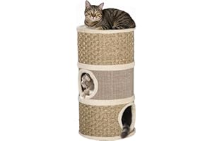 PawHut Cat Condo 3 Story Three Holes with Sisal Seaweed Scratching Cover Surface, Cat Tower for Indoor Cats, 15" x 28", Khaki