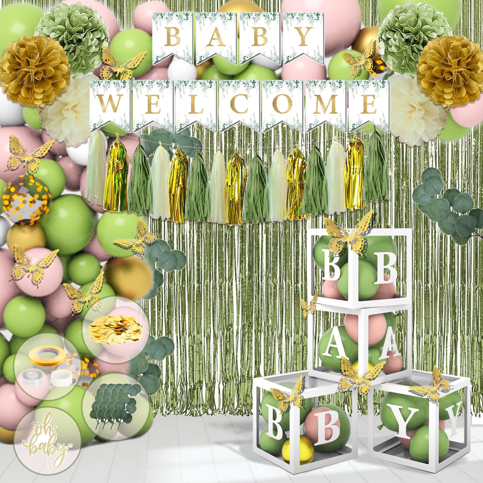 Photo 1 of 154pcs Sage Green Baby Shower Decorations, Neutral Baby Shower Party Supplies with Balloon Arch Kit, Baby Boxes, Paper Pom Poms, Fringe Curtains, Eucalyptus, Cake Copper