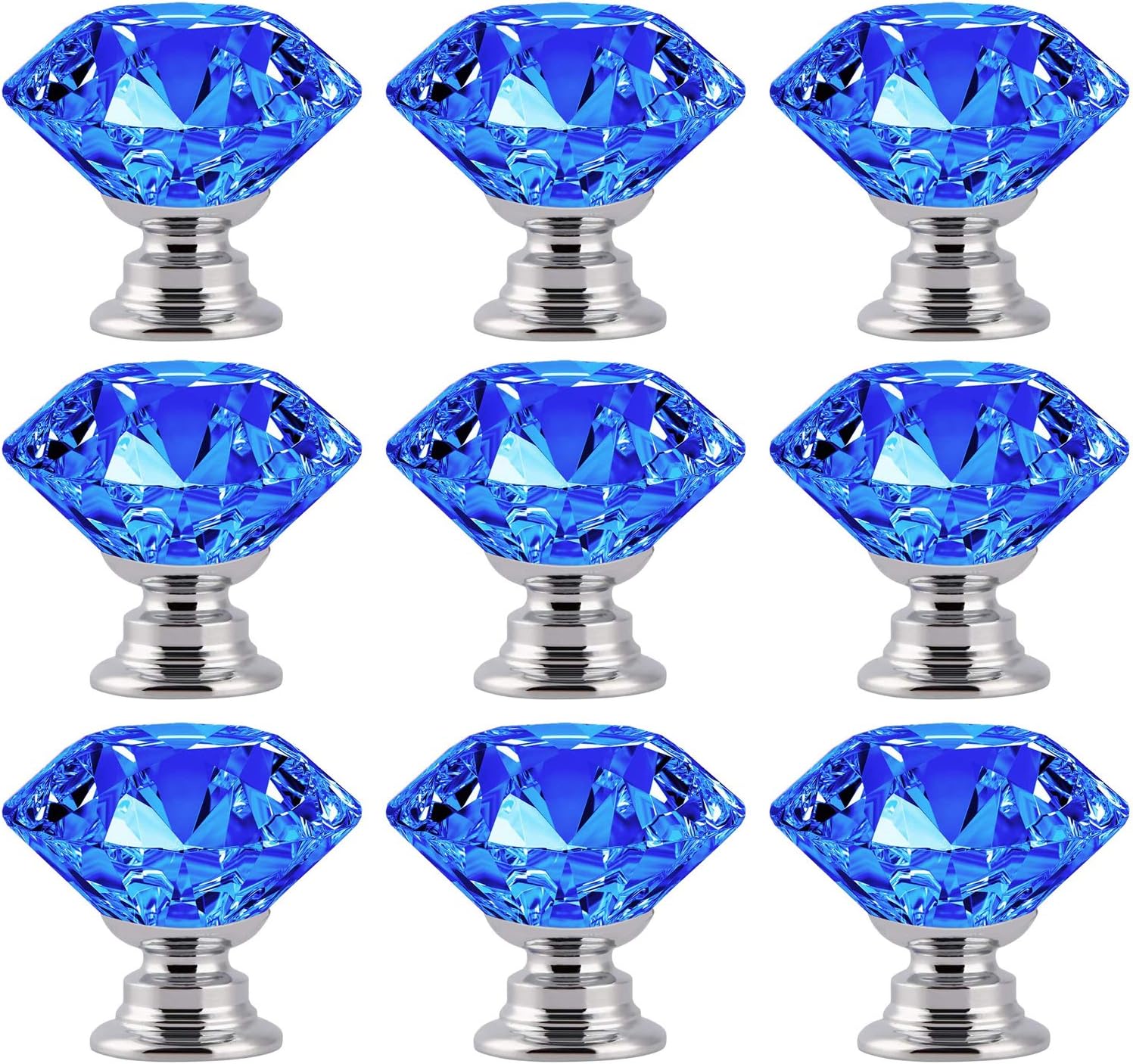 Beuya 9 Pack Crystal Glass Cabinet Knobs, Dresser Drawer Furniture Door Knob Pulls Handles for Kitchen, Wardrobe and Cupboard (Blue), 1.25 x 1.25 x 1.18 inches