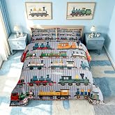 Erosebridal Kids Train Comforter Set Twin Size 2 Piece Bedding Set | Colorful Cartoon Transportation Comforter for Boys and Girls. Gray, Green, Blue, Yellow and White Steam Engine Bedding.