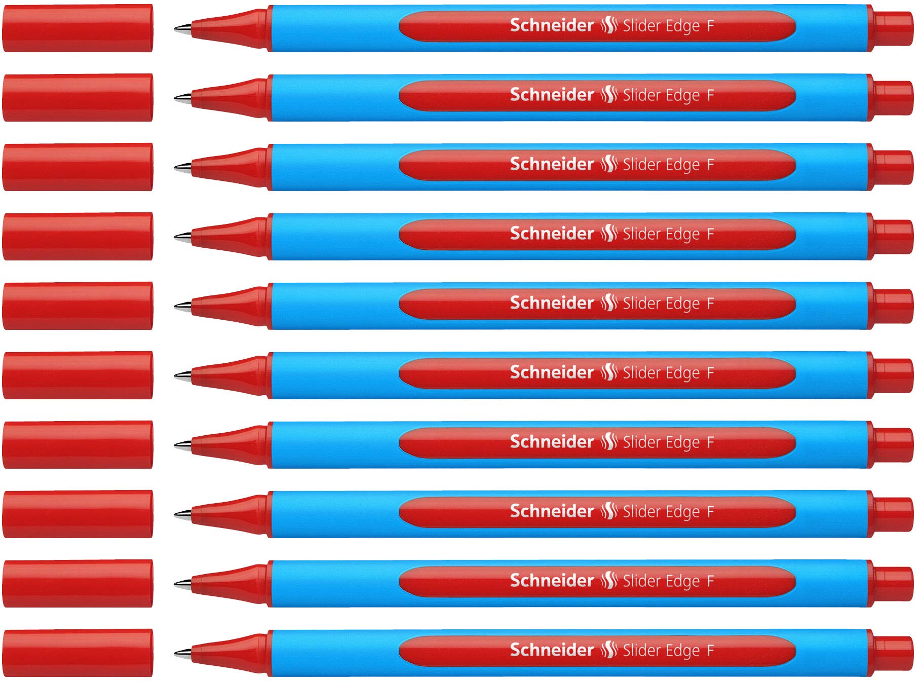 Schneider Slider Edge 152002 Ballpoint Pen with Cap Model F Pack of 10 / Cyan and Red Barrel / Red Ink