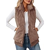 LOMON Womens Fuzzy Fleece Vest, Casual Warm Sleeveless Zip Up Sherpa Vest Jacket with Pockets for Fall/Winter