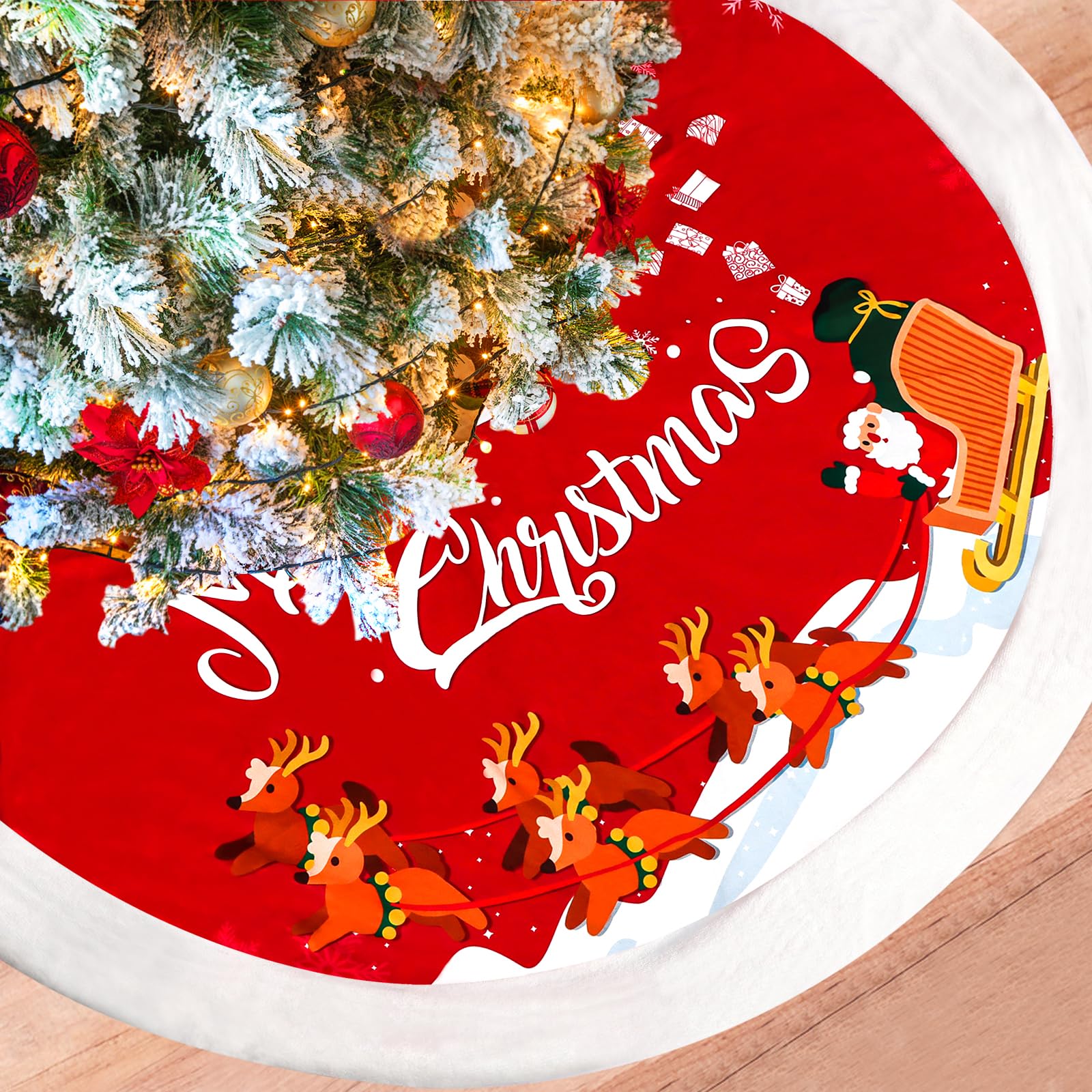 Kalolary 48 Inch Christmas Tree Skirt, Large Red Plush Xmas Tree Mat with Santa Elk Snowflakes Rustic Patterns Holiday Fur Decorations for Christmas Holiday Party Tree Decoration