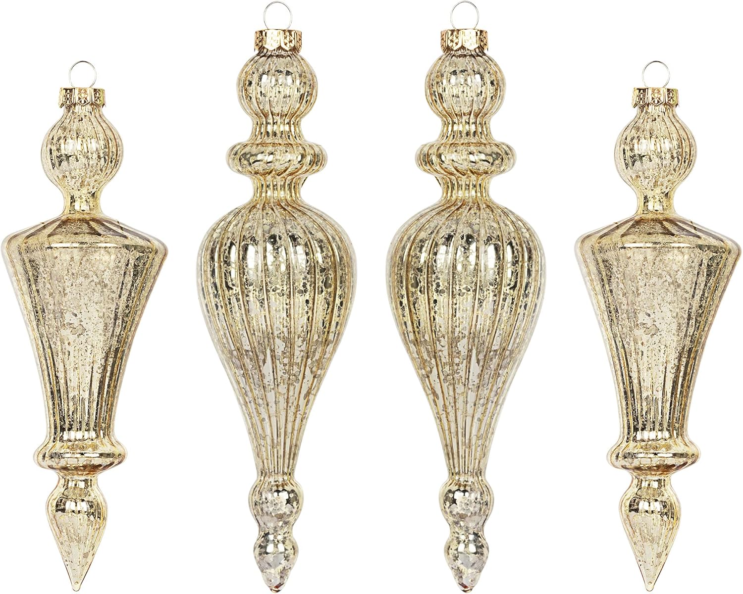 Ornaments - KI Store Mercury Glass Finial Champagne Gold Christmas Ornaments Set of 4 Large Hanging Christmas Finials for Christmas Tree Decoration Holiday Décor