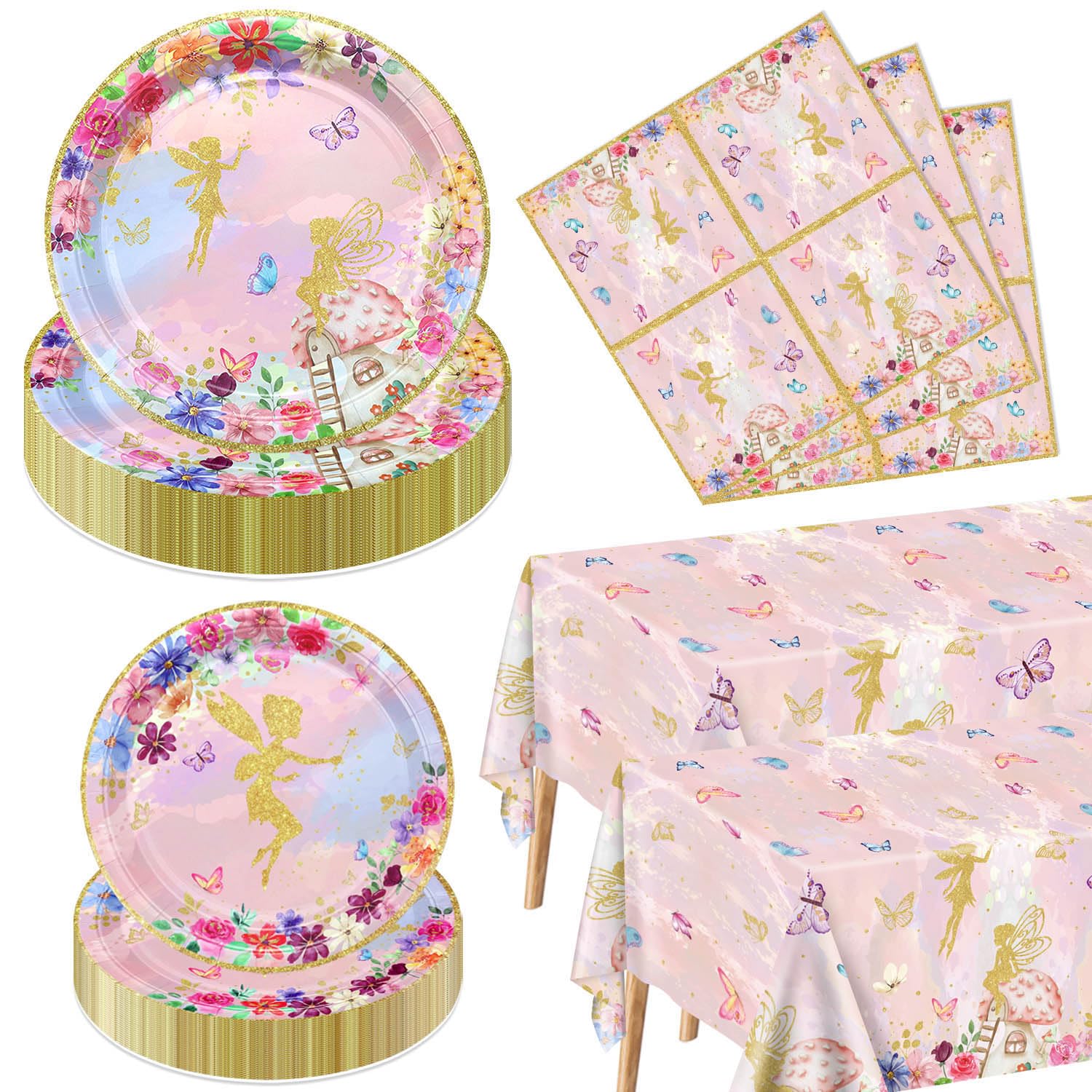 Fairy Party Decorations - Floral Fairy Paper Plates Pink Butterfly Napkins Floral Tablecloths for Princess Flower Fairy Party Supplies, Serve 40