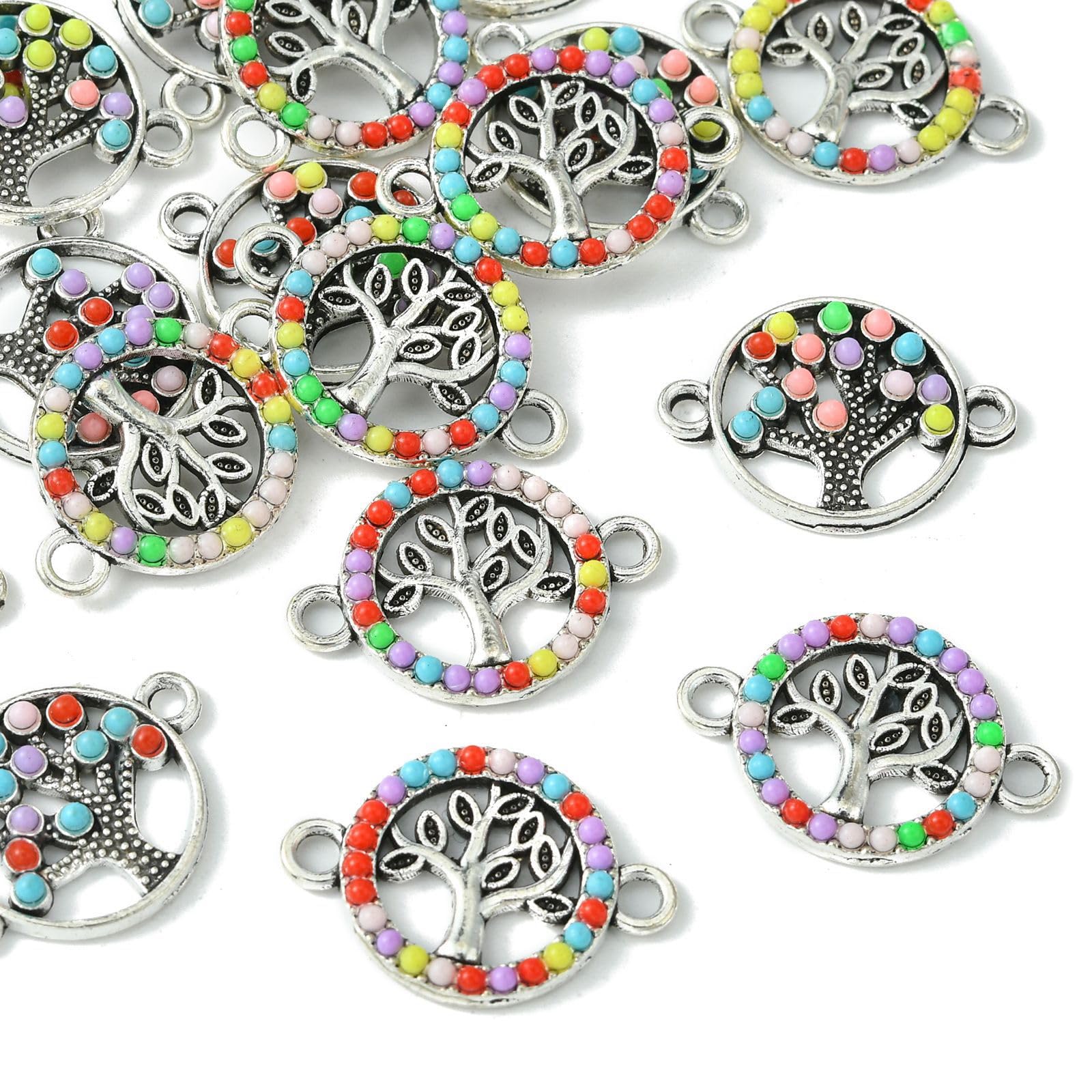 Stiesy 20Pcs 2 Styles Tibetan Silver Tree of Life Connector Charms Ring with Tree Link Charm Colourful Rhinestone Charms for Jewellery Making Bracelet Crafting