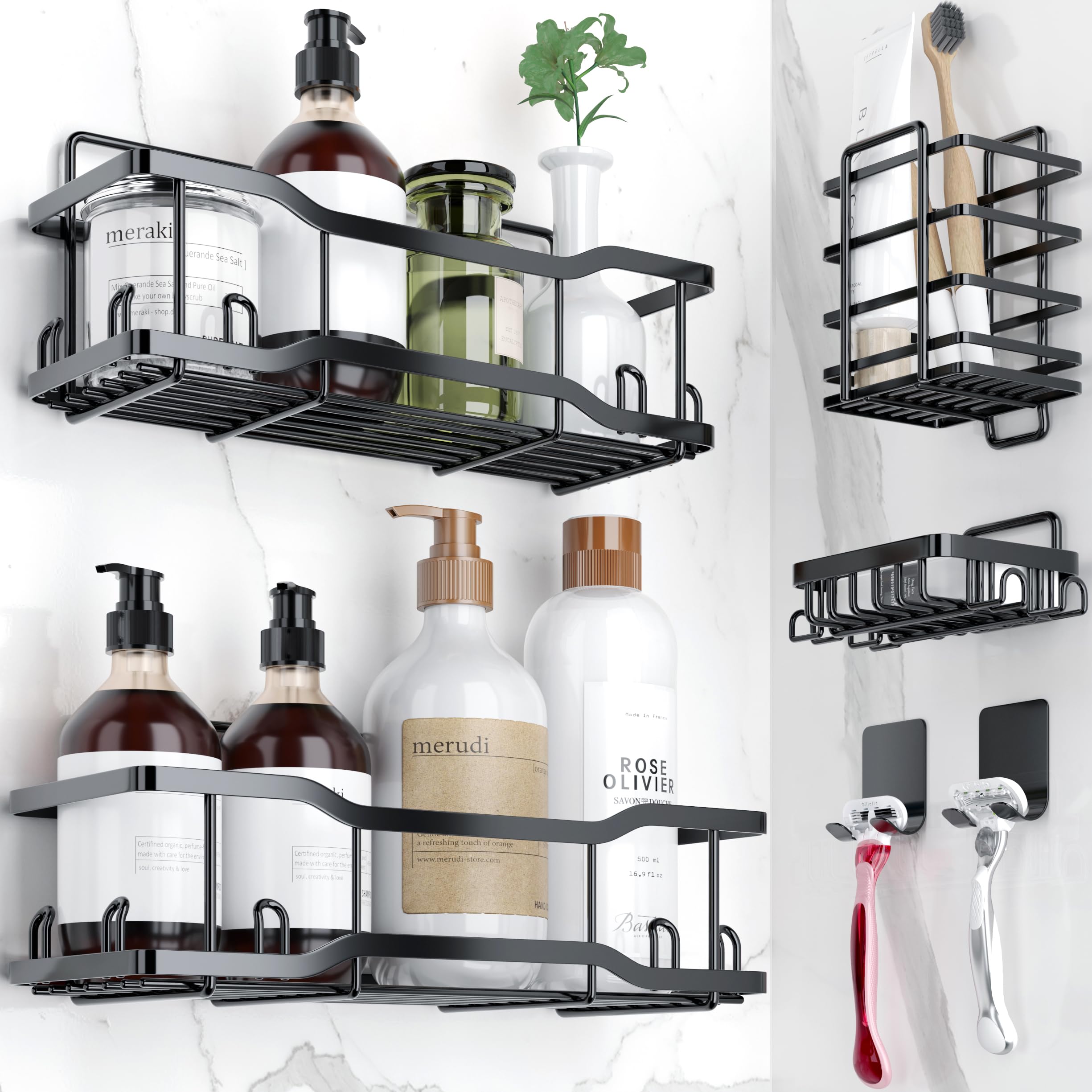 Photo 1 of Shower Caddy Bathroom Shelves, The Athena Silken 4 Set, 40LB Capacity, Adhesive Tape No Drill - Rustproof -Gorgeous Powder Coated 304 Stainless Steel Shower Organizer for kitchen & Home Decor - Black