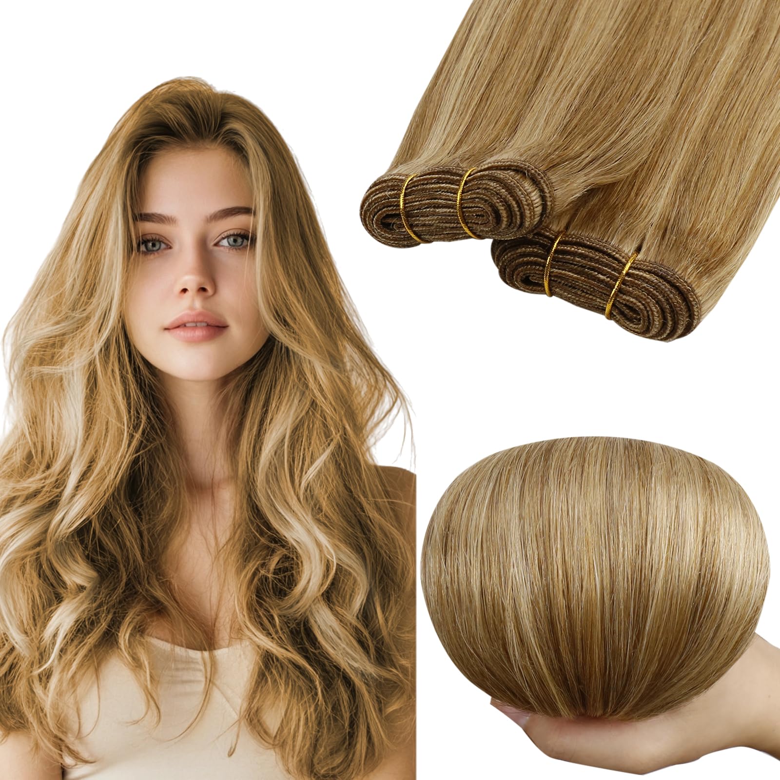 RUNATURE Weft Hair Extensions Real Human Hair Blonde Sew in Hair Extensions 100g Full Head Straight Remy Dark Blonde with Brown Invisible Double Weft Weave 14 Inch #10/16 — image 1