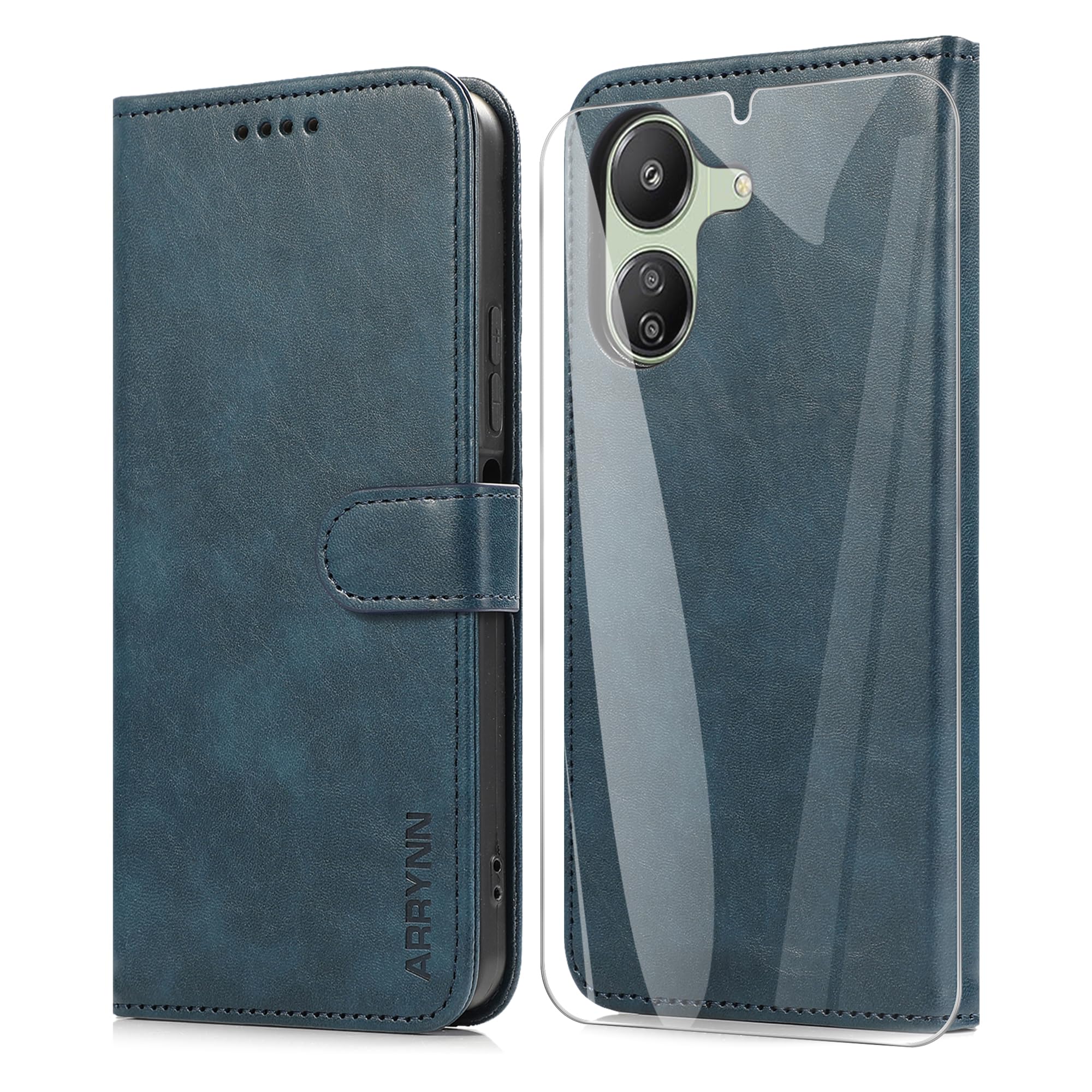 ARRYNN Case for Xiaomi Redmi 13C (6.74 Inches) + Protective Film, Mobile Phone Case for Xiaomi Redmi 13C, Flip PU Case Protective Cover Xiaomi Redmi 13C - Blue