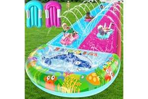OHMANHE 33FT Slip Lawn Water Slide for Kids Adults, Extra-Long Double Lanes Heavy Duty Slides N Side Fences, Giant Water Slide with Splash Pool, 2 Bodyboards with Handles, Slip Backyard Summer Water Play Toy