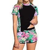 Enlifety 7-16T Girls Swimsuit 2 Piece Bathing Suit Short Sleeve Rash Guard Swimwear Set