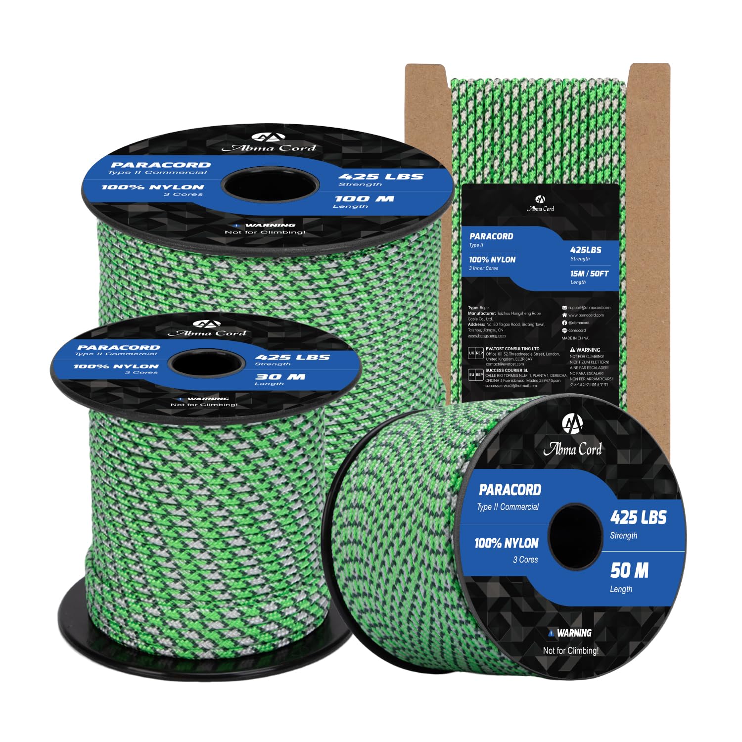 Abma Cord Paracord 3mm 100m 100% Nylon Rope Type II 3 Strands Parachute Cord - Max. 192kg (425lbs) - Island