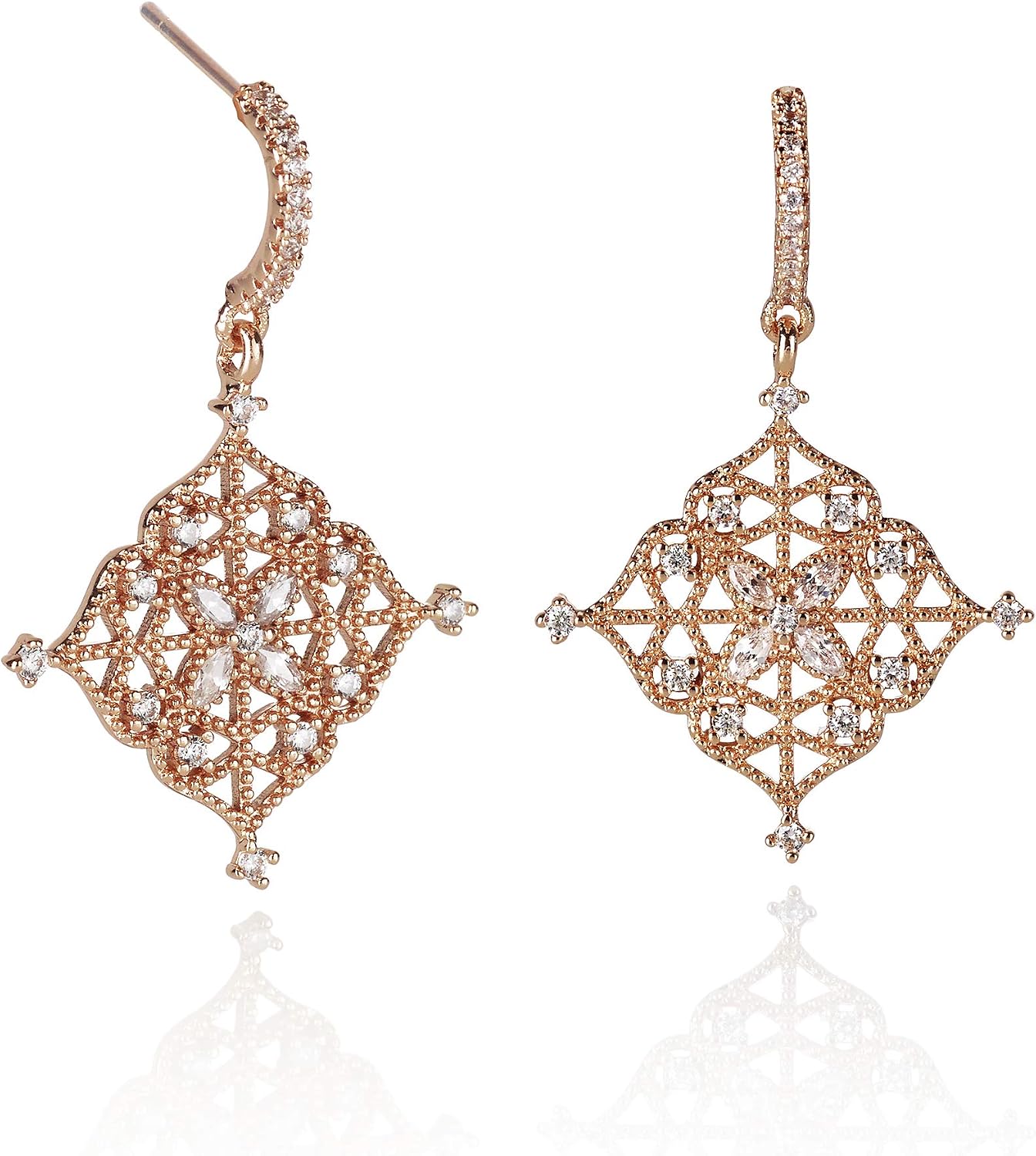 Namana Arabesque Drop Earrings. Earrings for Women Set including Cubic Zirconia Gemstones on Intricate Filigree Details. Rose Gold Dangly Earrings for Women with Gift Box