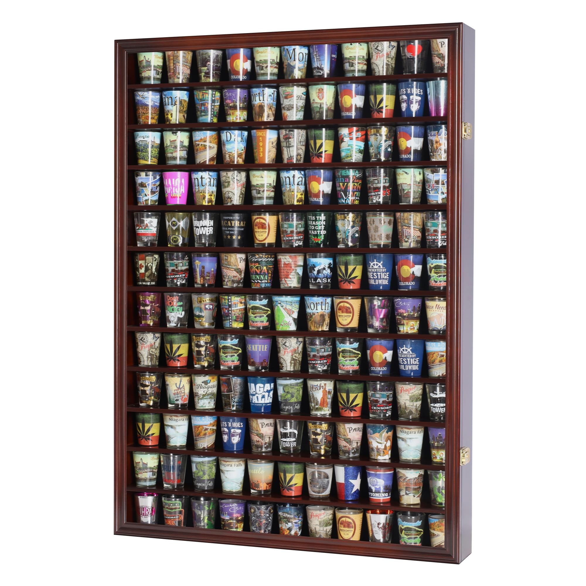 Photo 1 of 144 Shot Glass Shooter Display Case, Glass Collection Hollder Wall Mount Cabinet, UV Protection, Removable Shelves, Cherry Finish