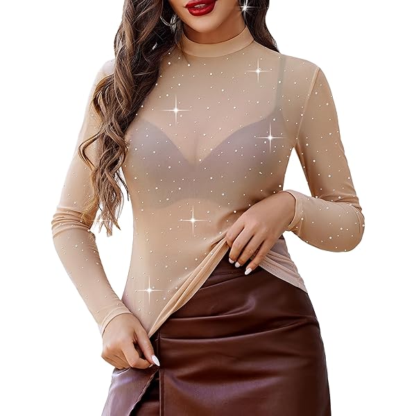 CERYIWER Women's Sexy See Through Shirts Long Sleeve Glitter