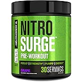 Jacked Factory NITROSURGE Pre Workout Supplement - Endless Energy, Instant Strength Gains, Clear Focus, Intense Pumps - Nitric Oxide Booster & Powerful Preworkout Energy Powder - 30 Servings, Grape